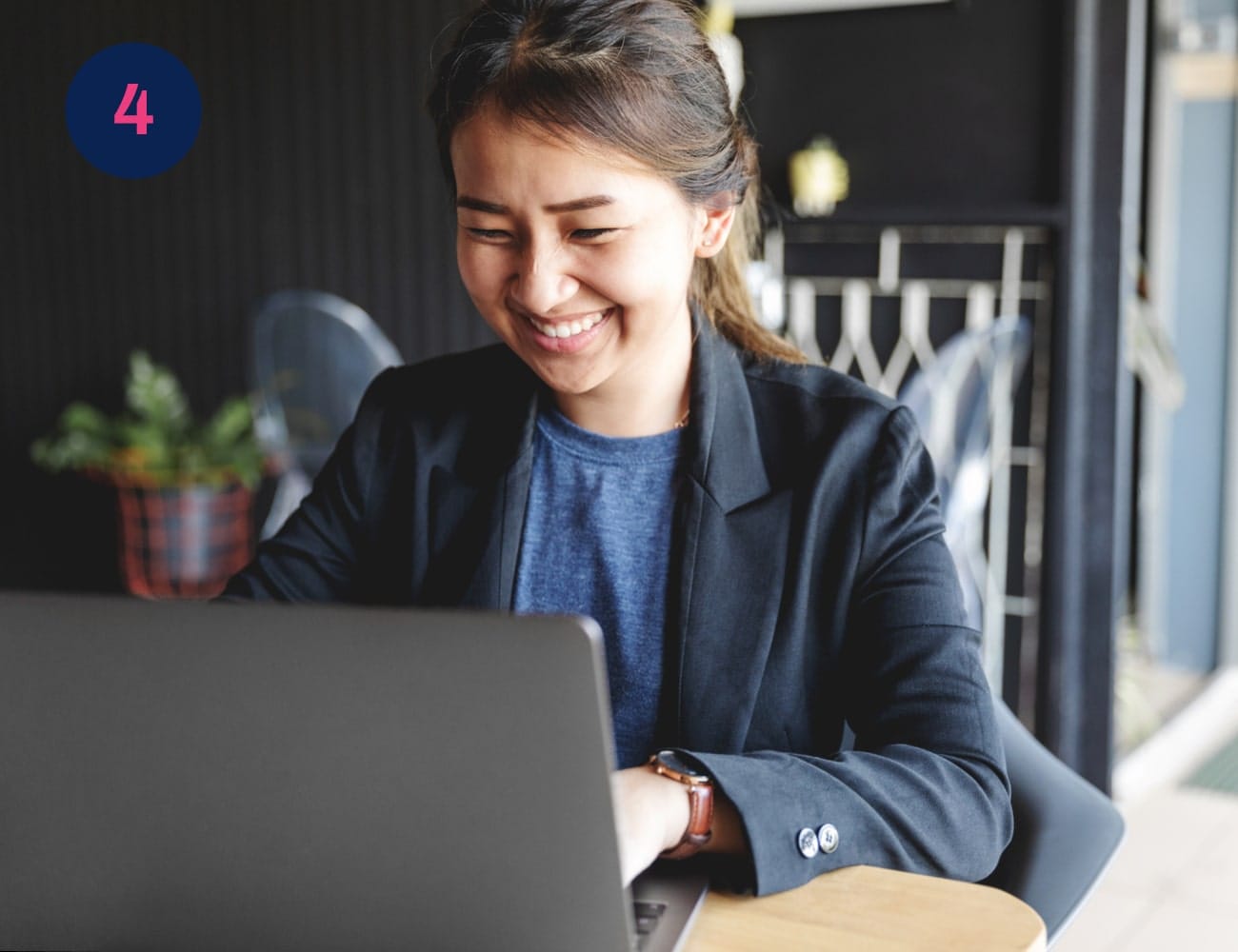 A smartly dressed young woman smiles while working on a laptop #Clue: your hidden letter is the first in the alphabet! Got it? Easy... Now find image 6