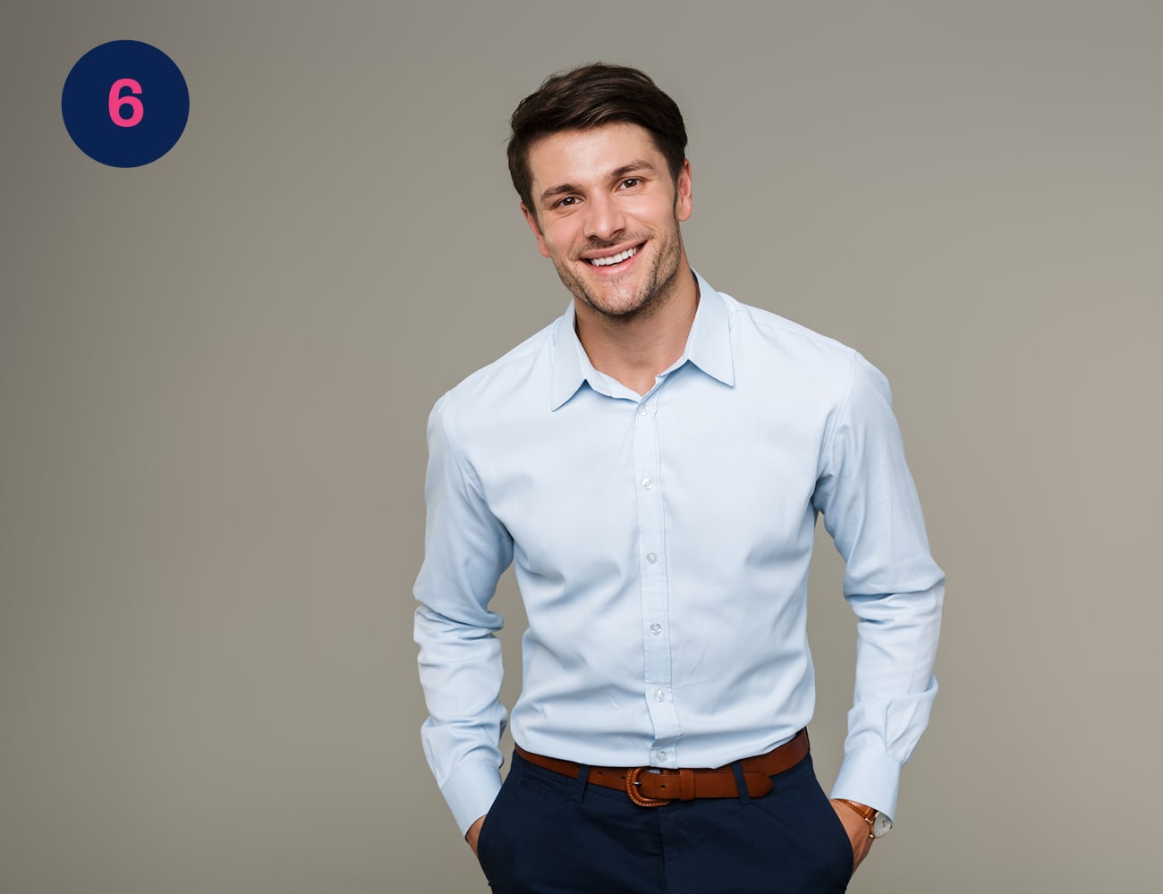 A smartly dressed young man smiles towards the camera with his hands in his pockets #Clue: your hidden letter in Roman Numerals is 50. A bit trickier... Now find image 8